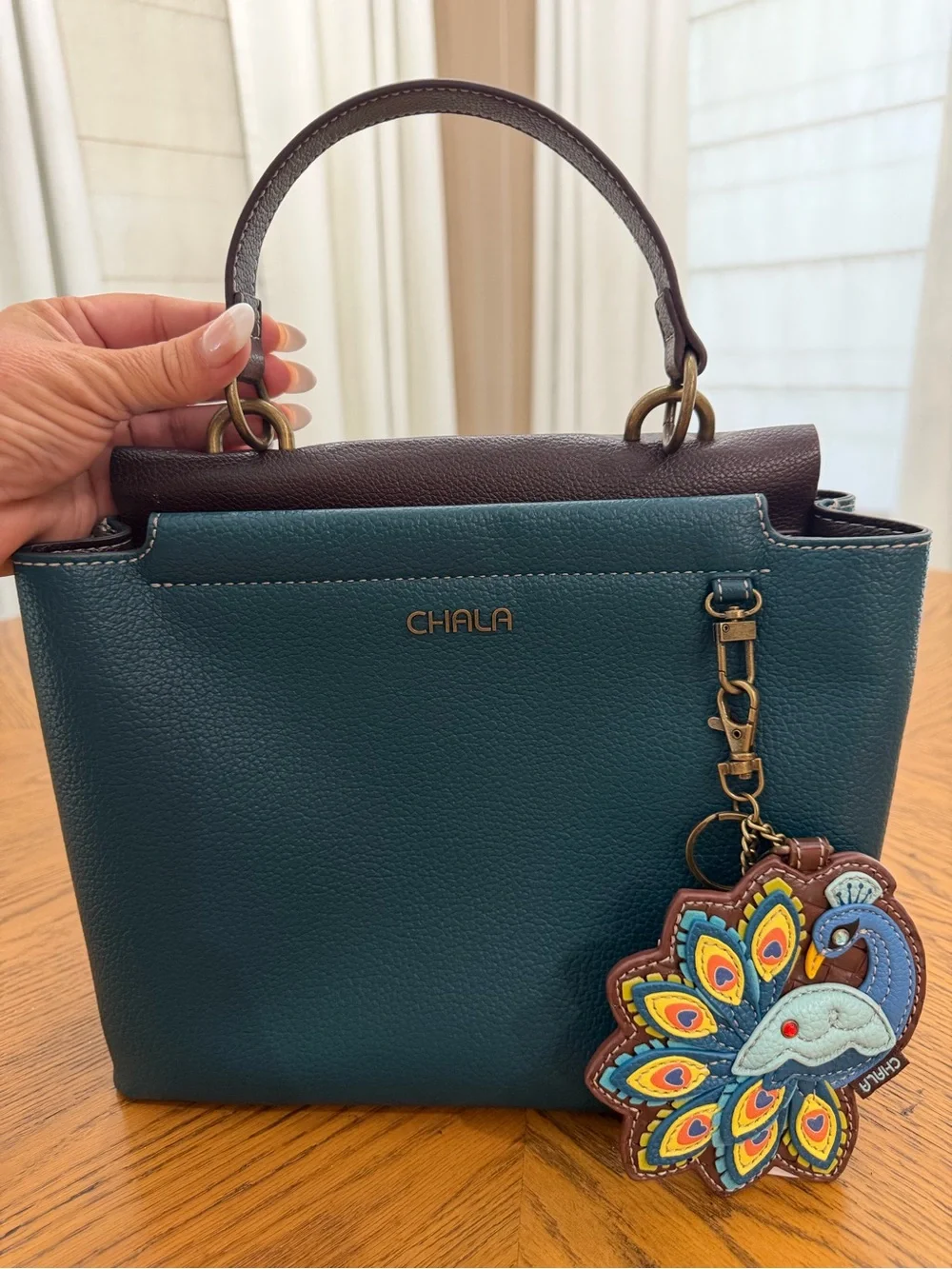 Chala Teal and Brown Leather Top-Handle Bag and Peacock Charm Purse